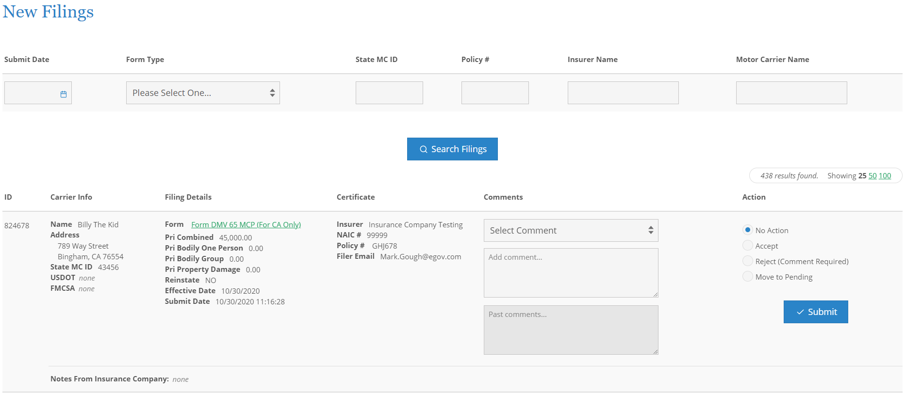 Screenshot of the New Filings page for NIC Insurance Filings.