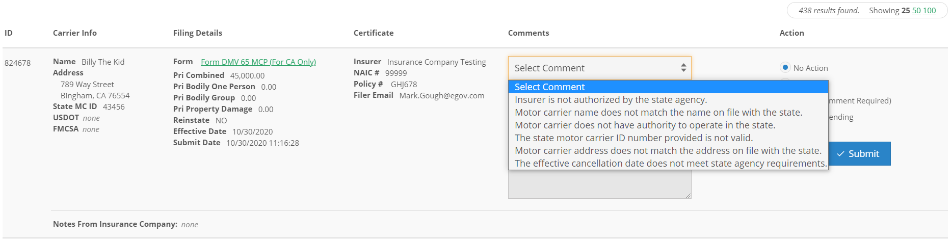 Screenshot of interface for Select from Frequently Used Comments in NIC Insurance Filings