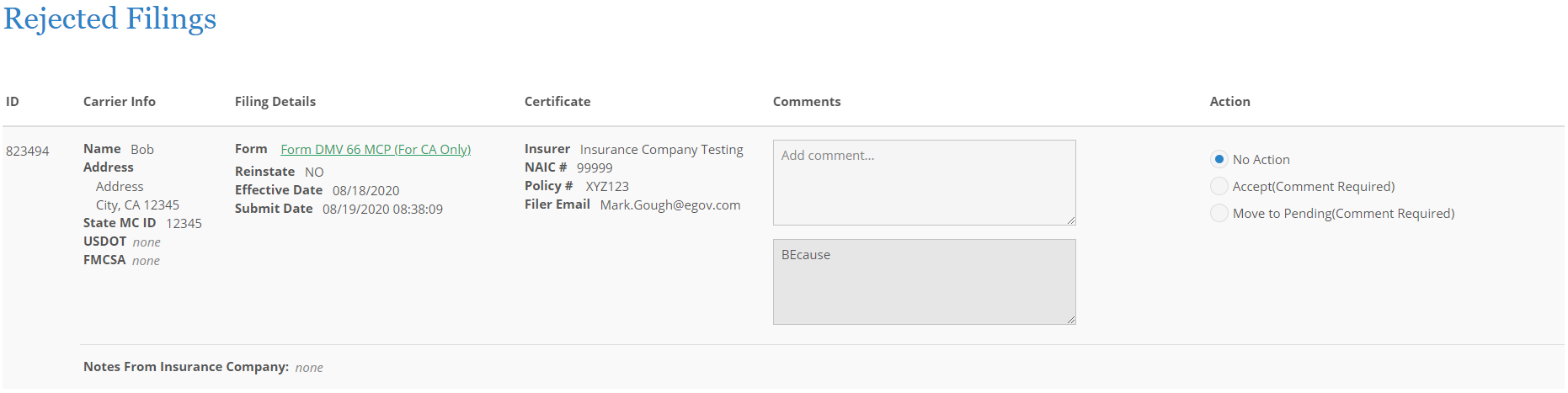 Screenshot of Rejected Filings interface in NIC Insurance Filings.