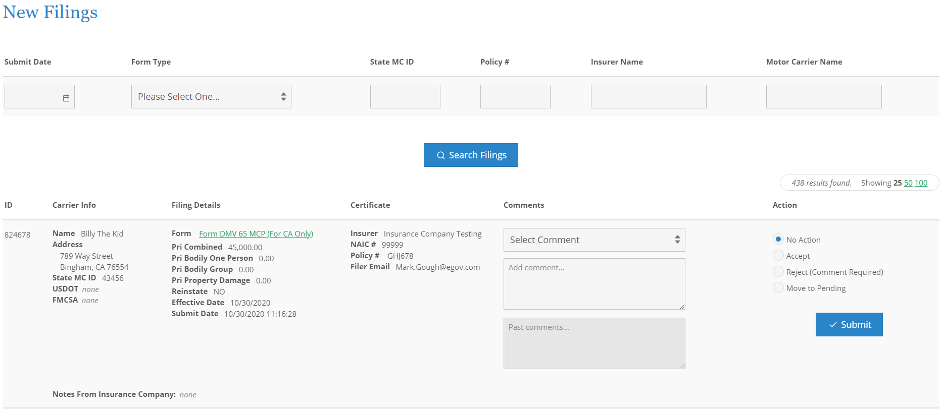 Screenshot of new filing review interface inNIC Insurance Filings.
