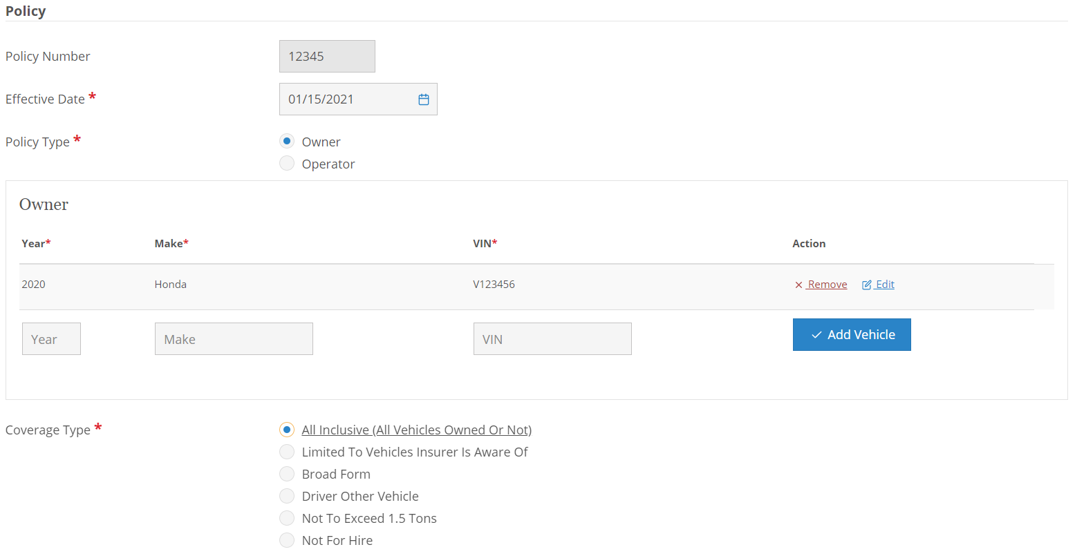 Screenshot of the SR22 form policy section for Washington in NIC Insurance Filings.