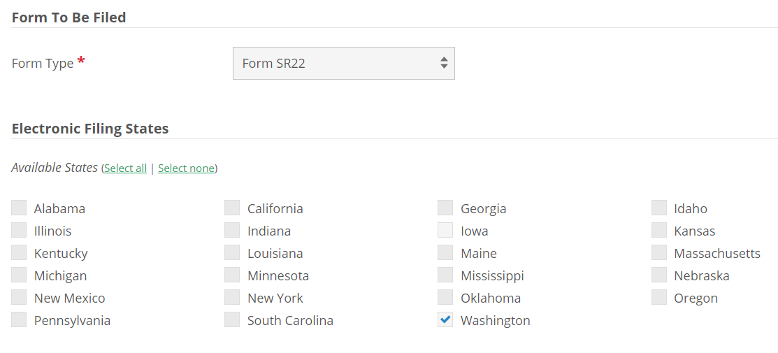 Screenshot of interface for SR-22 form to be filed and electronic filing states available.