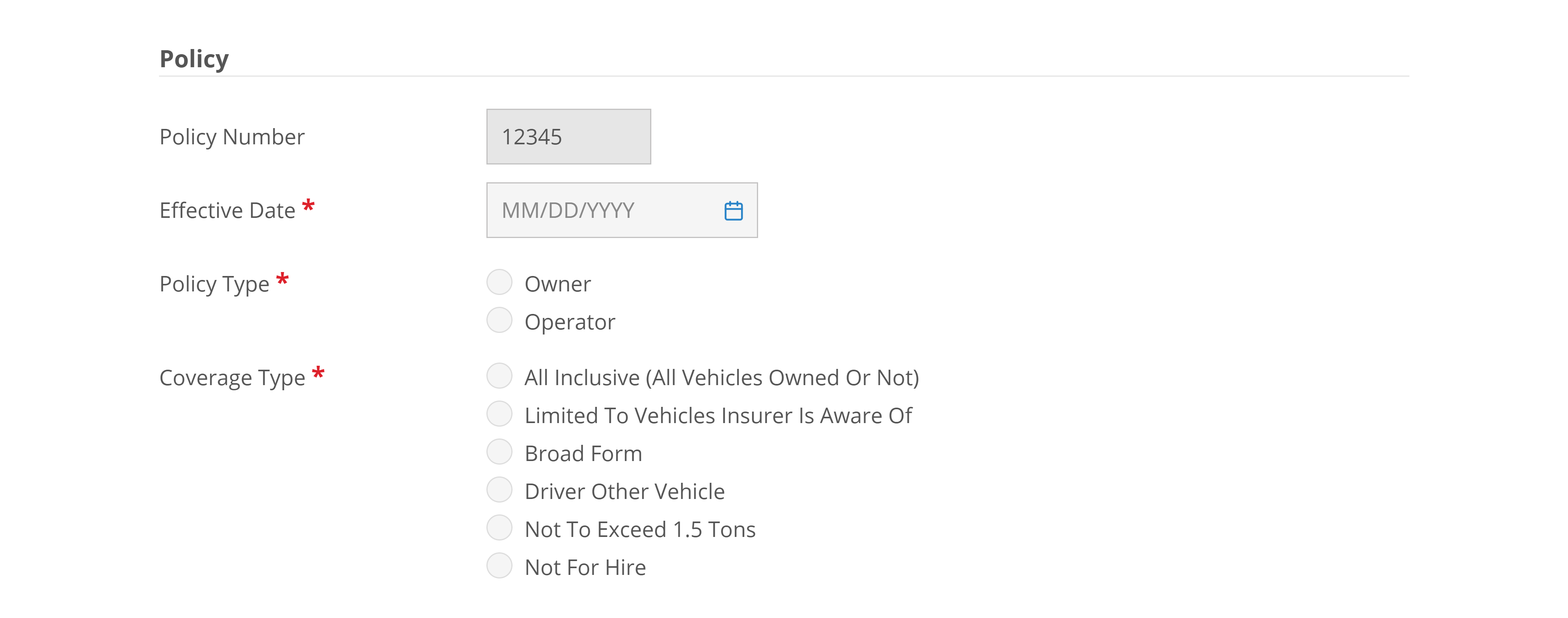 Screenshot of interface for policy information, vehicle information and coverage types.