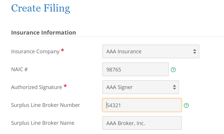 Screenshot of interface for Create Filings page with insurance information form.