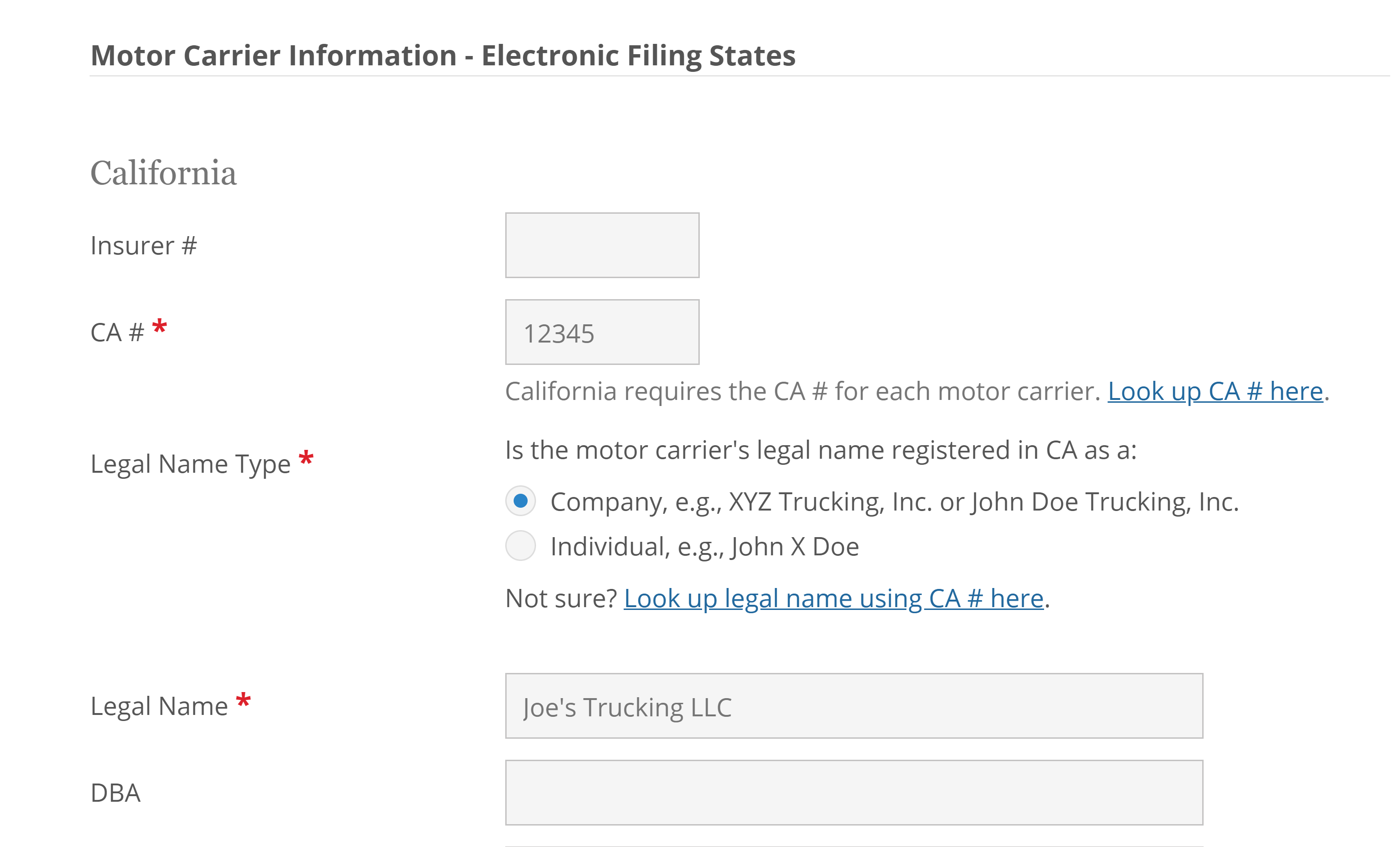 Screenshot of interface for California Motor Carrier Information and new company legal name.