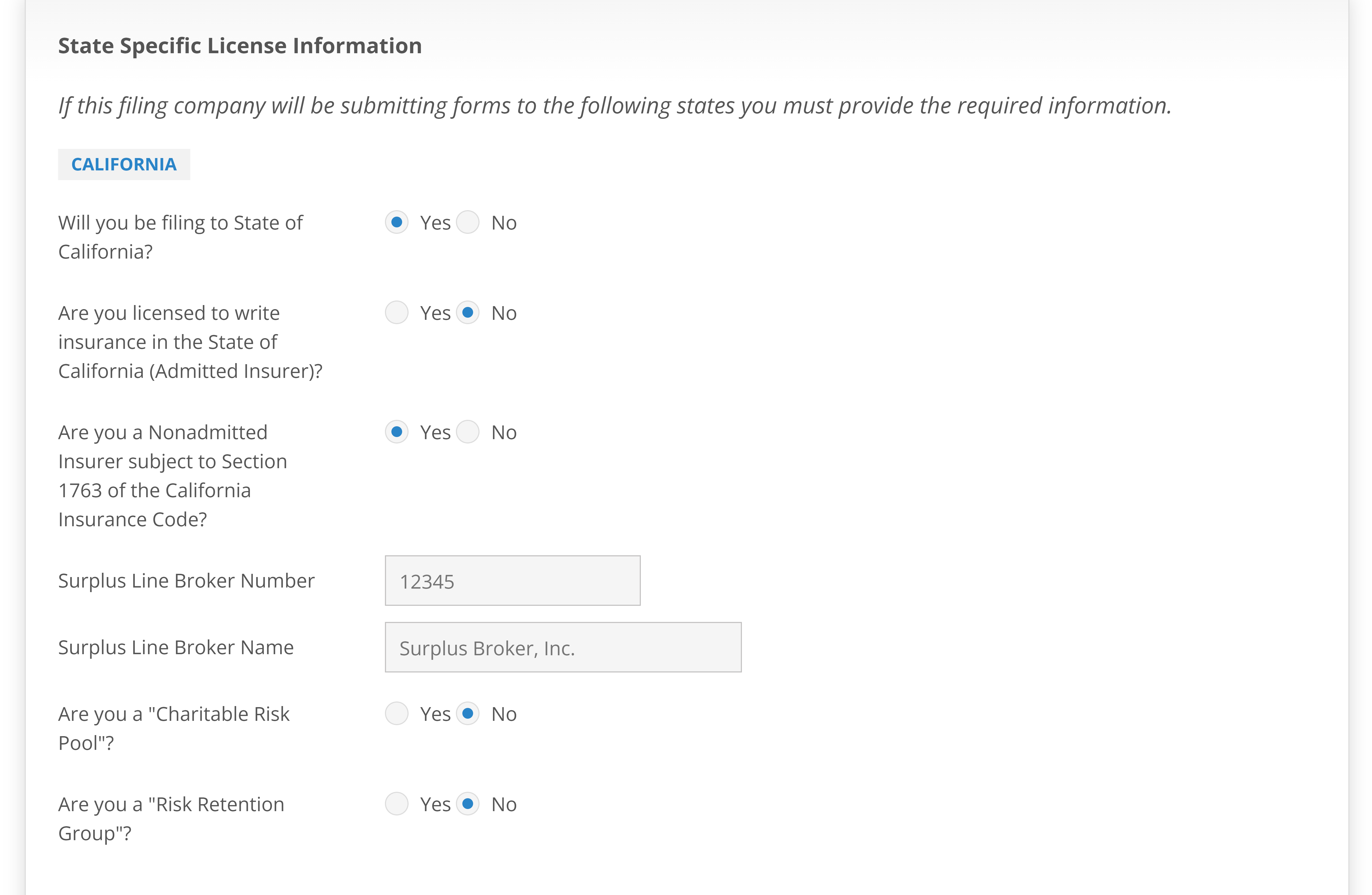 Screenshot of NIC Insurance Filings Update Filing Company State Specific License Information.