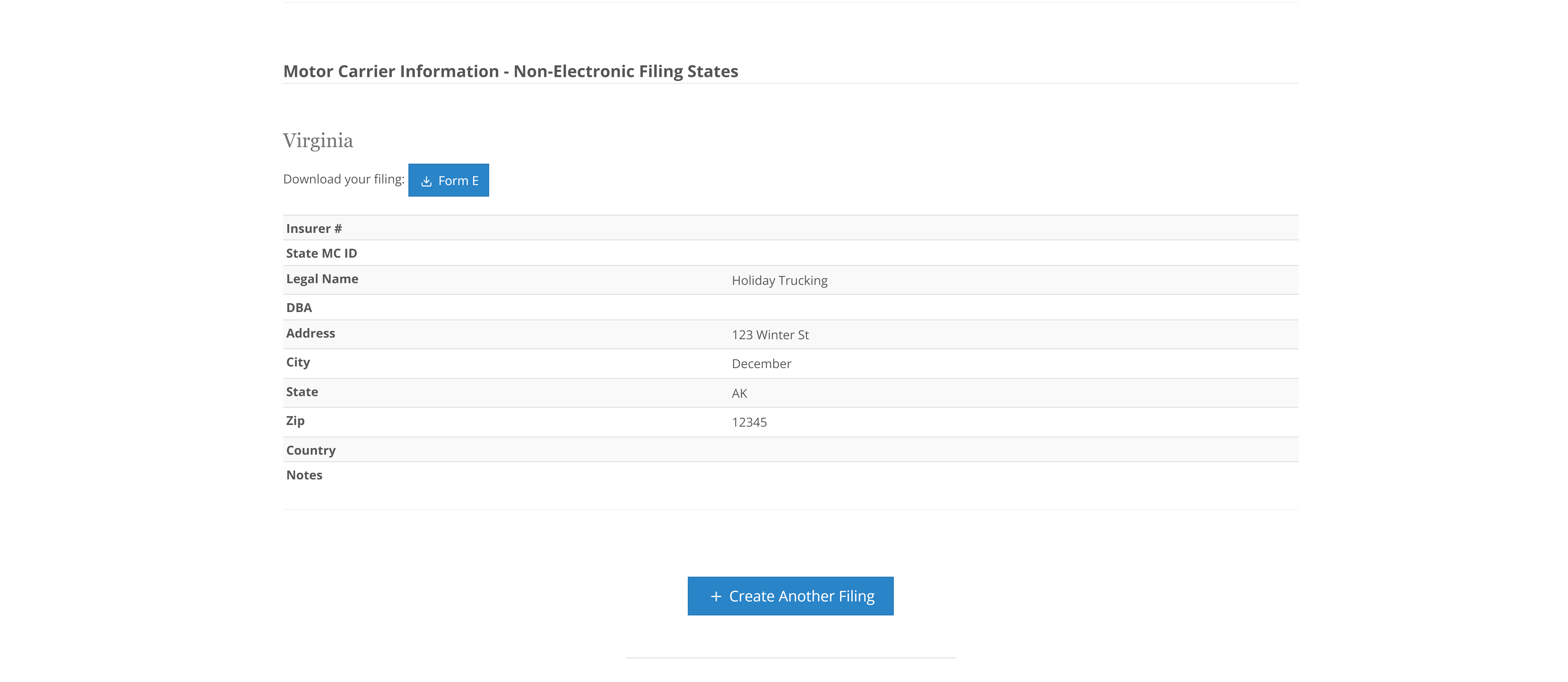 Screenshot of NIC Insurance Filings Create Filing Summary page Motor Carrier Information section.