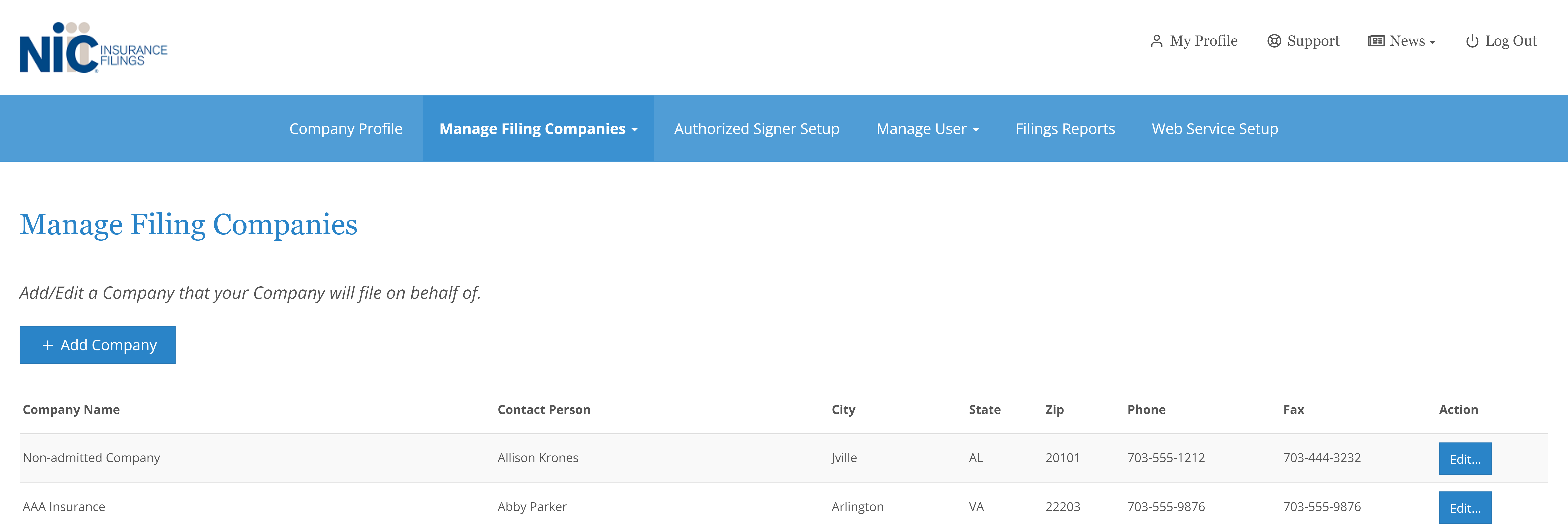 Screenshot of NIC Insurance Filings Manage Filing Companies page.