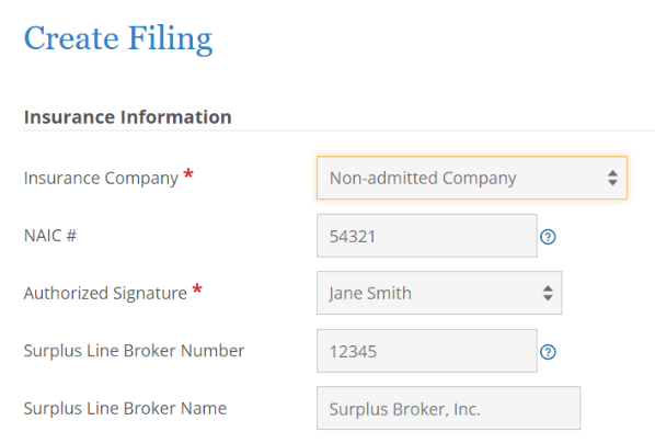 Screenshot of NIC Insurance Filings Create Filing page.