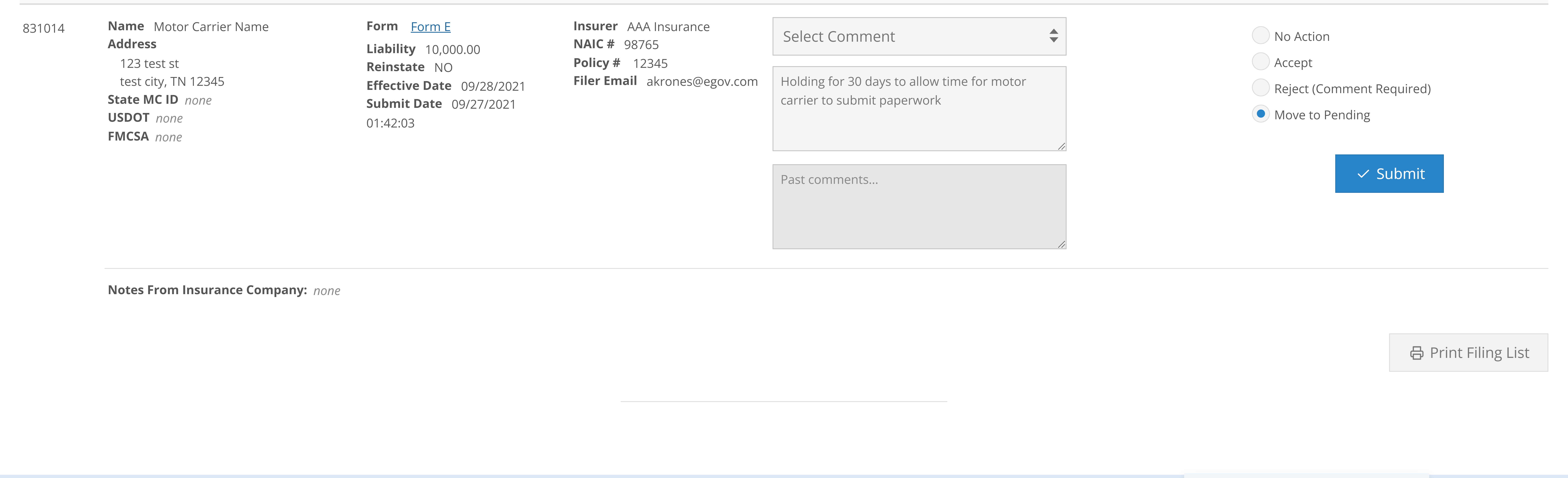 Screen shot showing comment section filled out in the New Filings For State User Single Submit page.