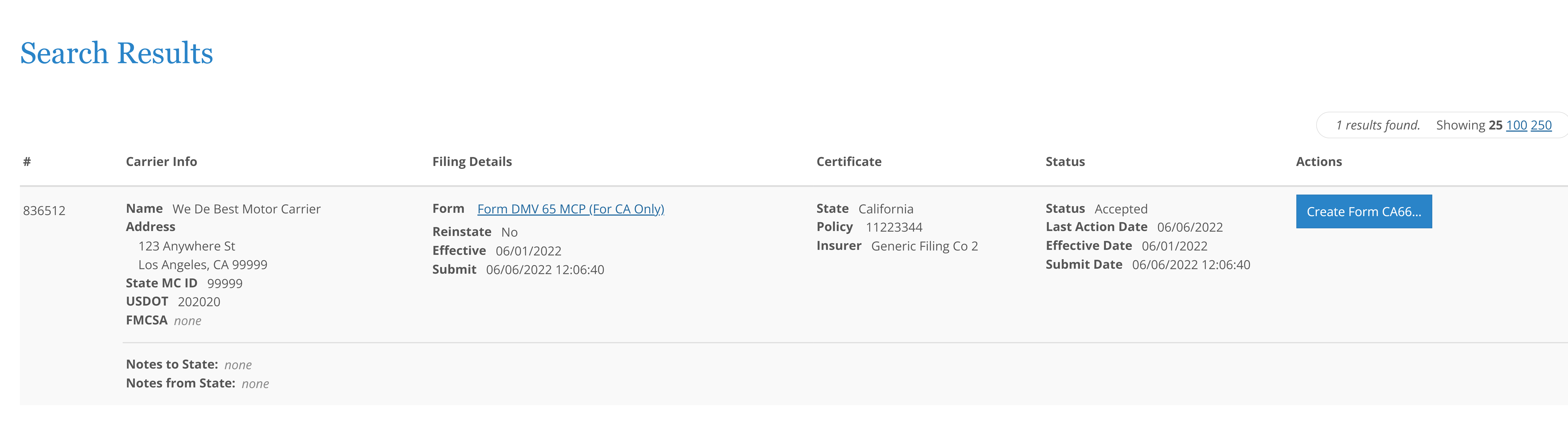 A screenshot showing the Create Form CA66 button that appears when an MCP 65 form has been accepted