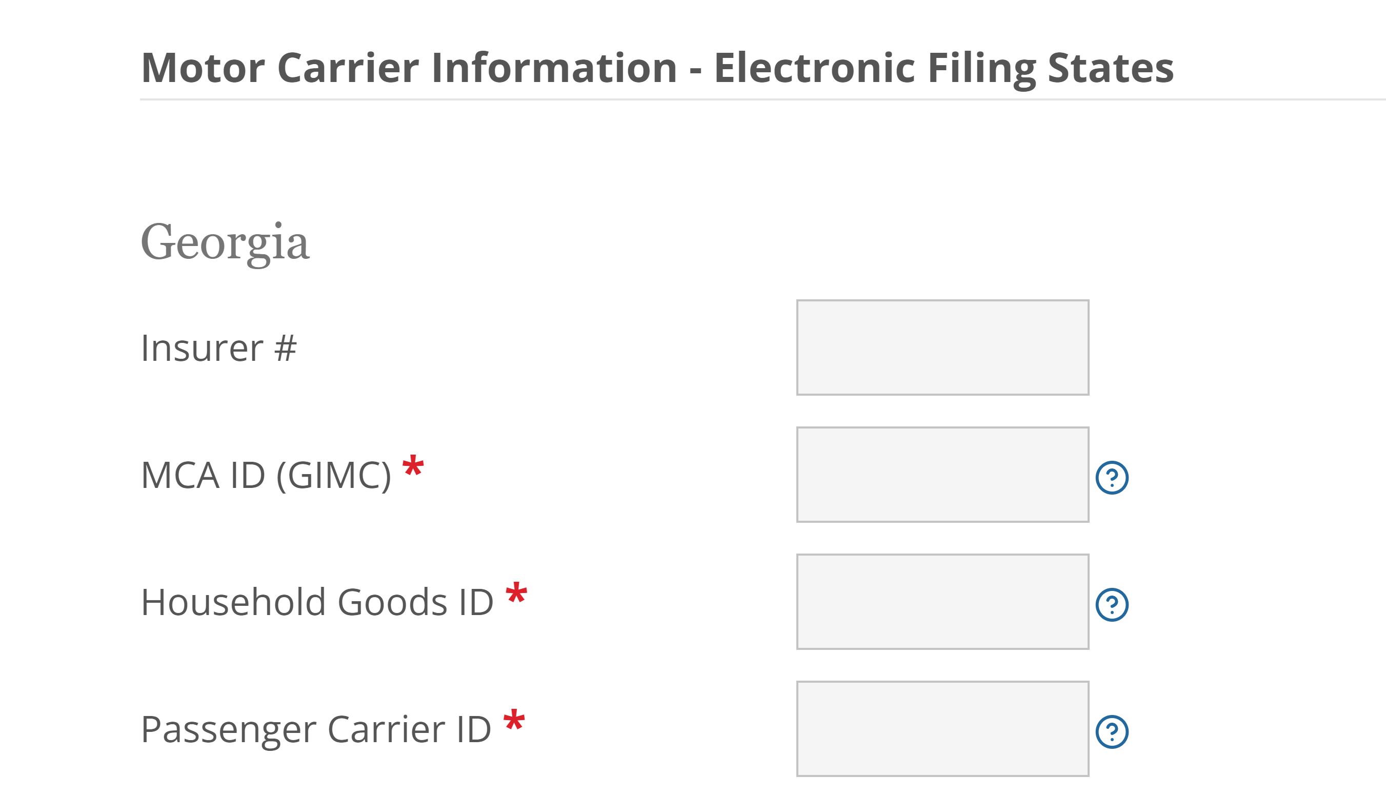 Screen shot of GA Form E filing form with Georgia motor carrier ID number fields.