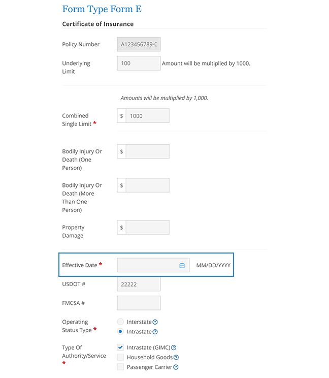 Screen shot showing where to enter the effective date for the reinstated policy.