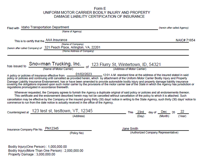 An example of Form E with split limit coverage information.