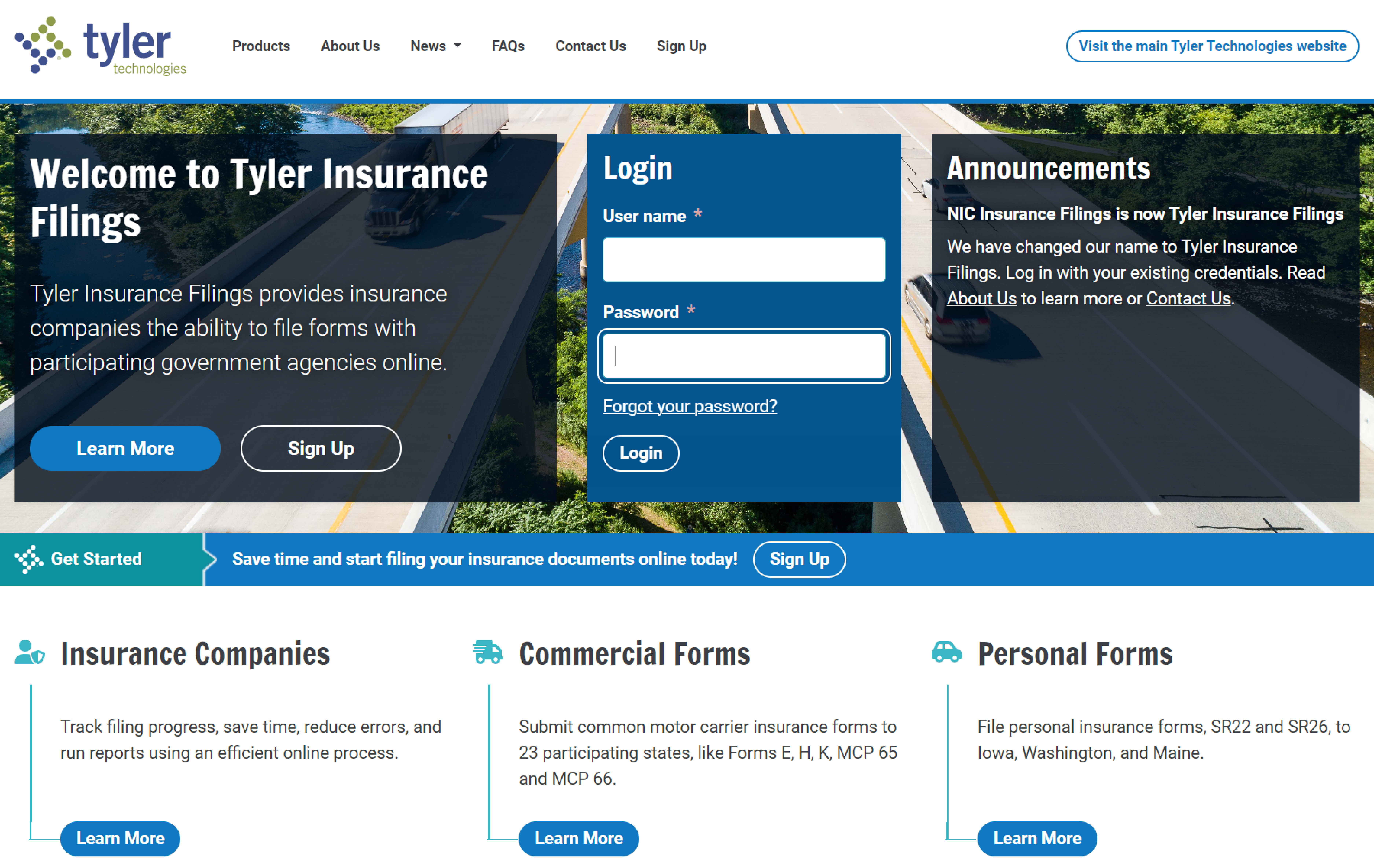 The updated Homepage for Tyler Insurance Filings features a new logo and navigation options.
