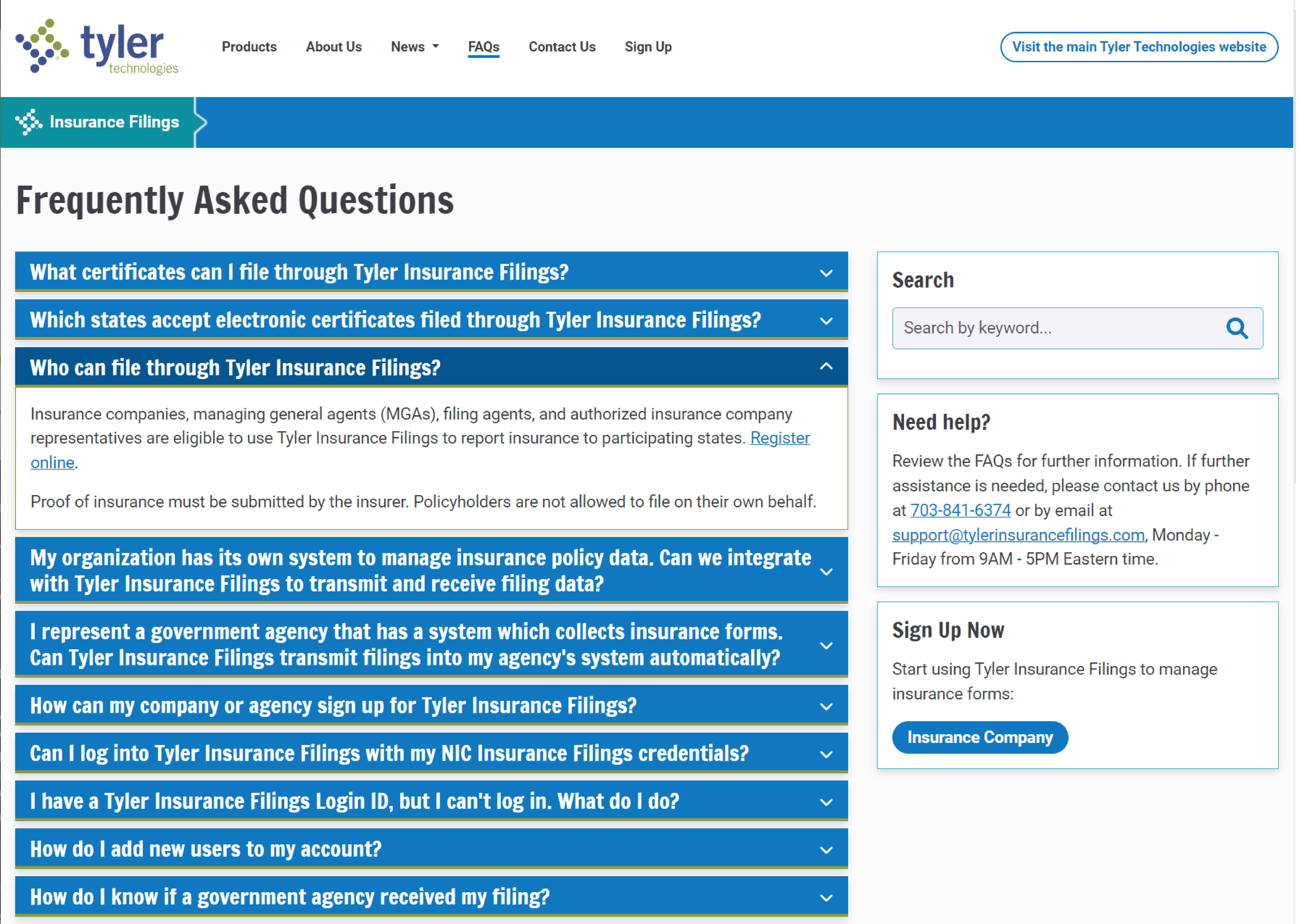 The updated Frequently Asked Questions page, showing commonly asked questions, is now easier to navigate with accordion menus and search.