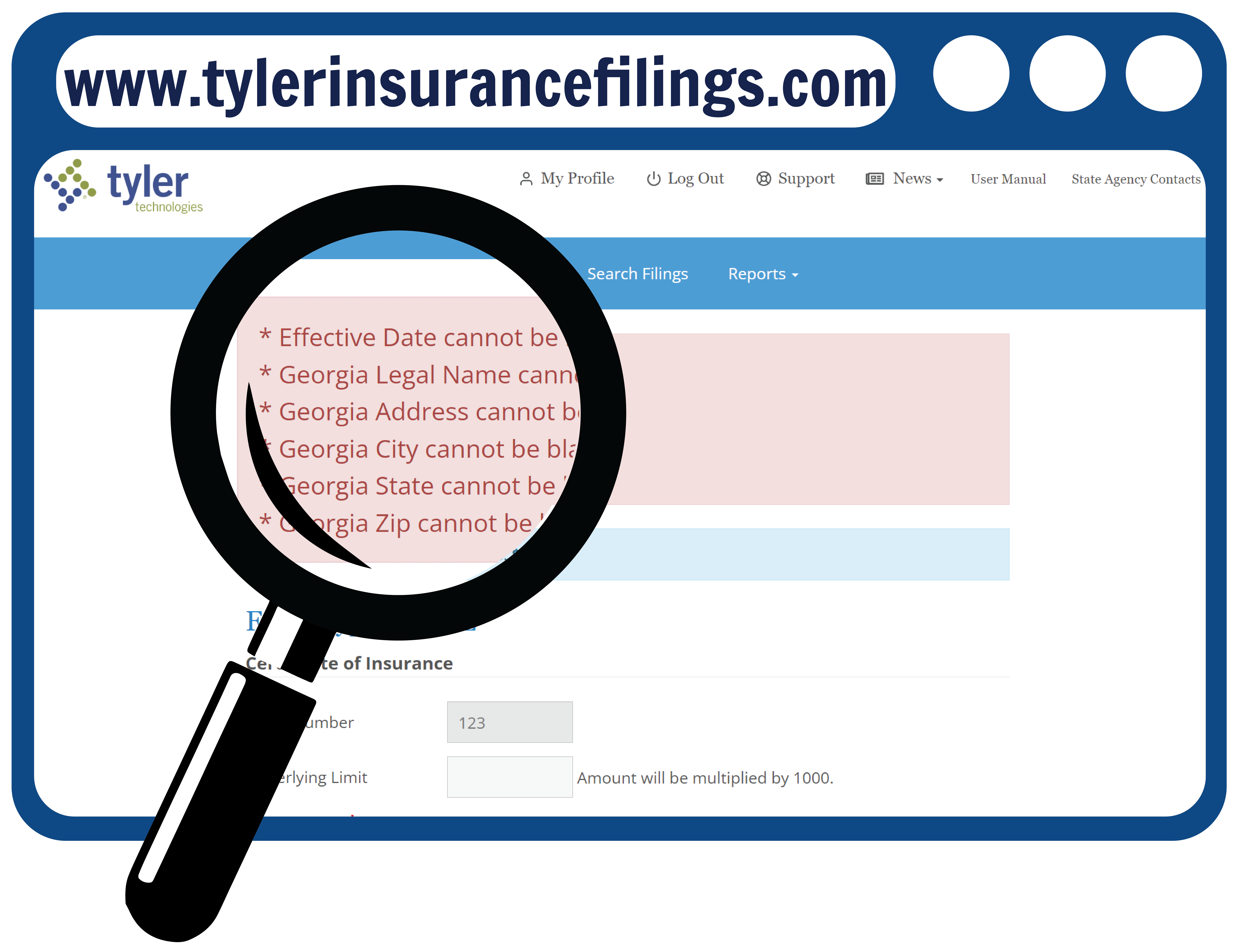 Tyler Insurance Filings automatically validates entered insurance policy data for compliance against agency defined requirements.