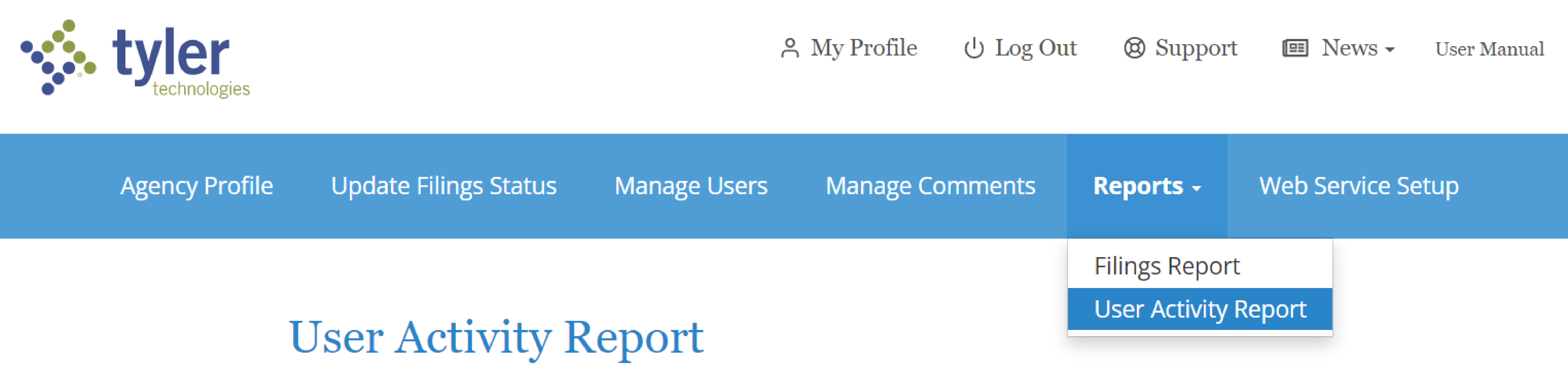 To access the User Activity Report, select Report and then User Activity Report from the dropdown menu.