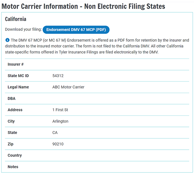 Screenshot of the filing summary page, where users can download a copy of the MCP 67  form