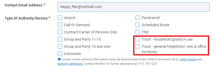 Interface for creating a Pennsylvania filing, showing the new authority type options,'Truck - household goods in use' and 'Truck - general freight (incl. new & office furniture)'