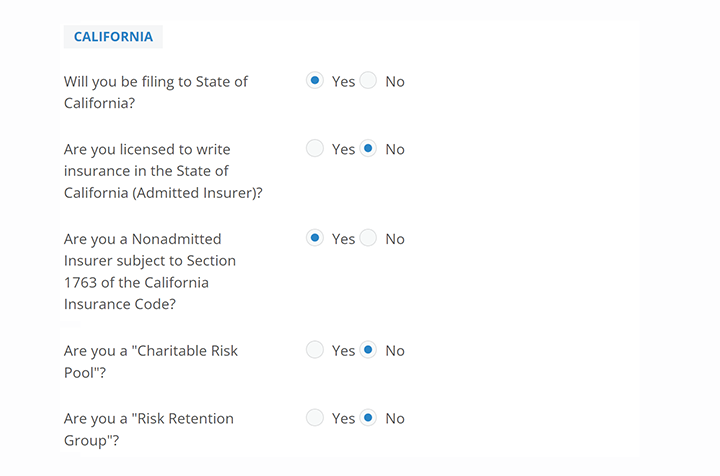 Interface for a filing company indicating that they are a Non-admitted insurer in California.