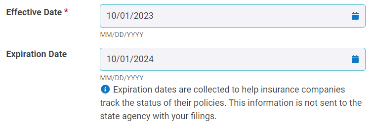 New form field for entering policy expiration date in the Create Filing interface.