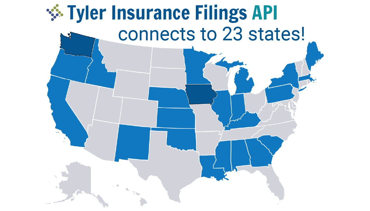 Graphic portrays that the Tyler Insurance Filings API connects insurance filers to 23 states.