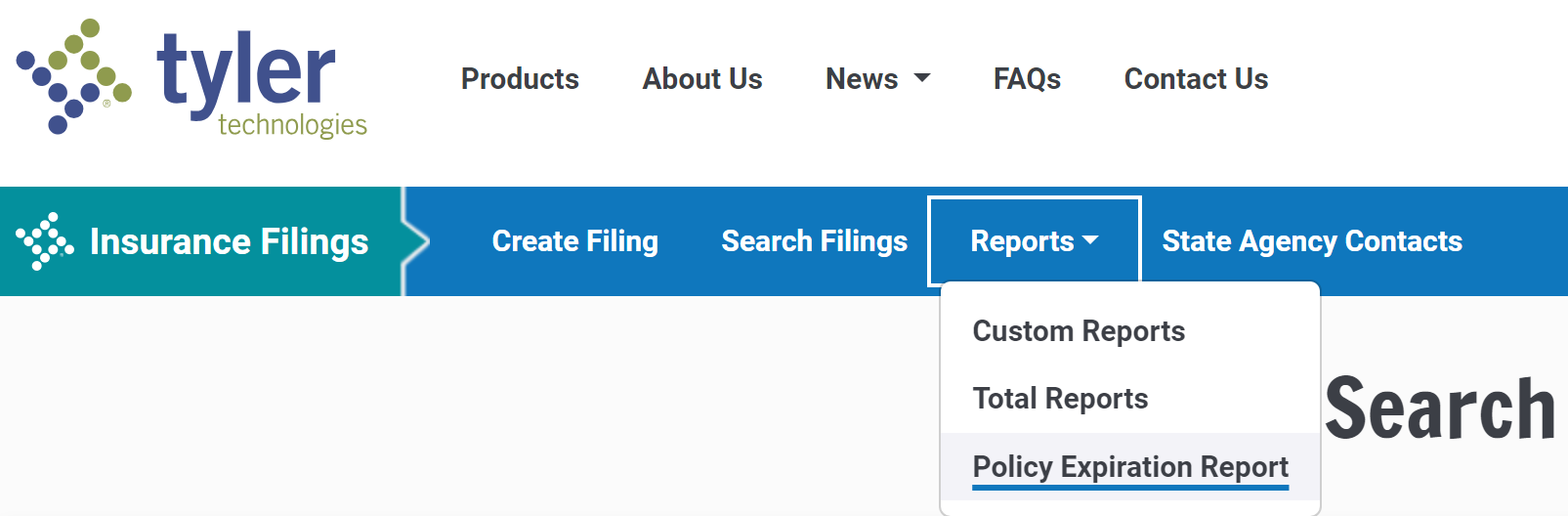 Graphic showing new Policy Expiration Report on navbar dropdown.