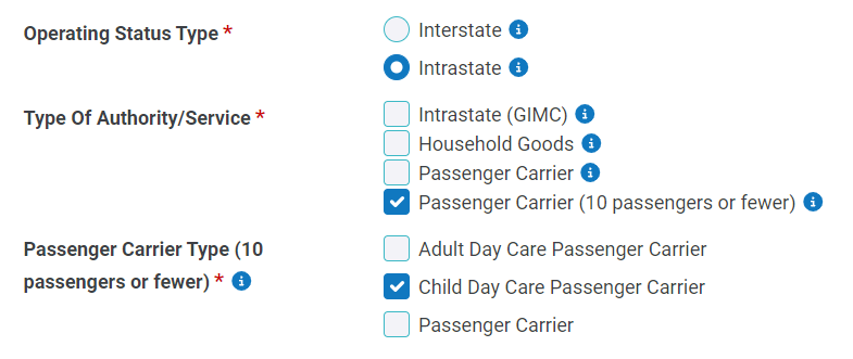 Georgia filers can use the Passenger Carrier (10 passengers or fewer) service type option to file for small, intrastate vehicles.