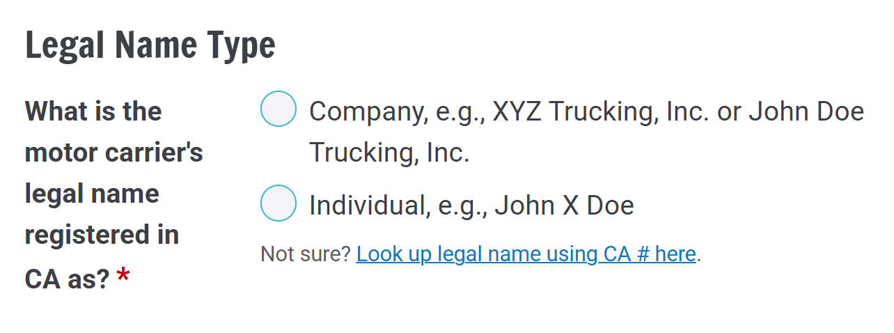 The name type options for a California filing, company name, or individual name