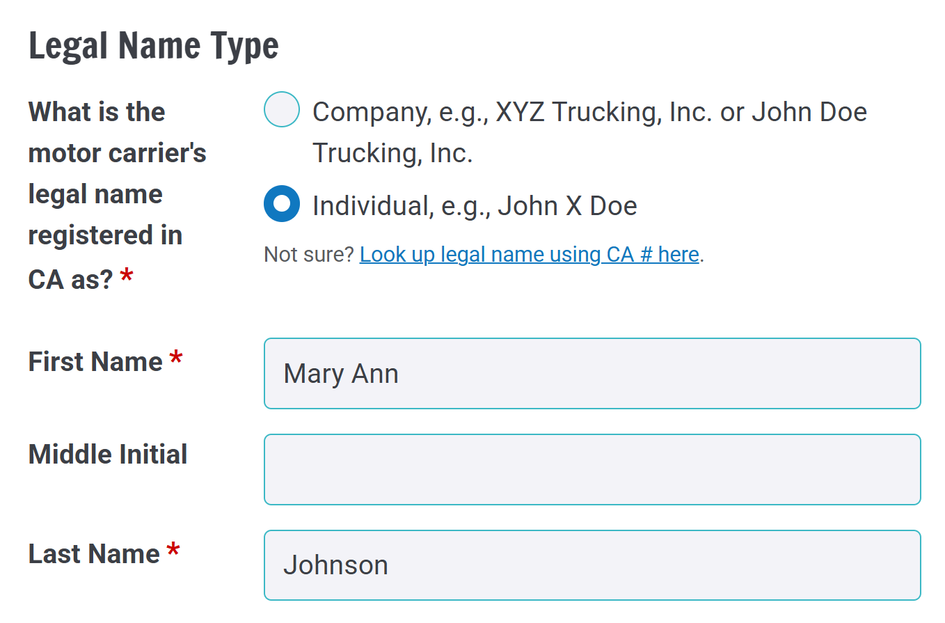 An individual name selected for a California filing, with the full middle name entered in the first name field