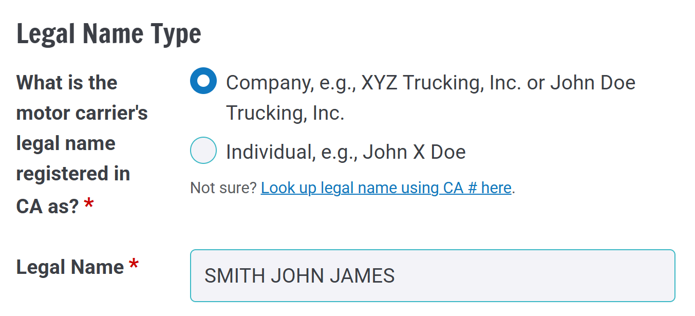 Screenshot showing the legal name copied into the new filing with company name selected before refiling