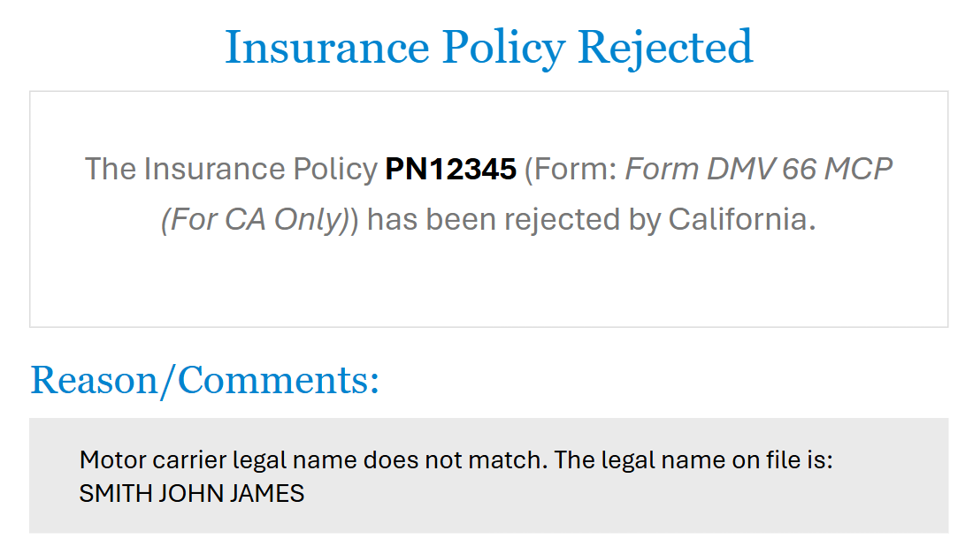 A California filing rejection notice includes the correct name information to use when refiling