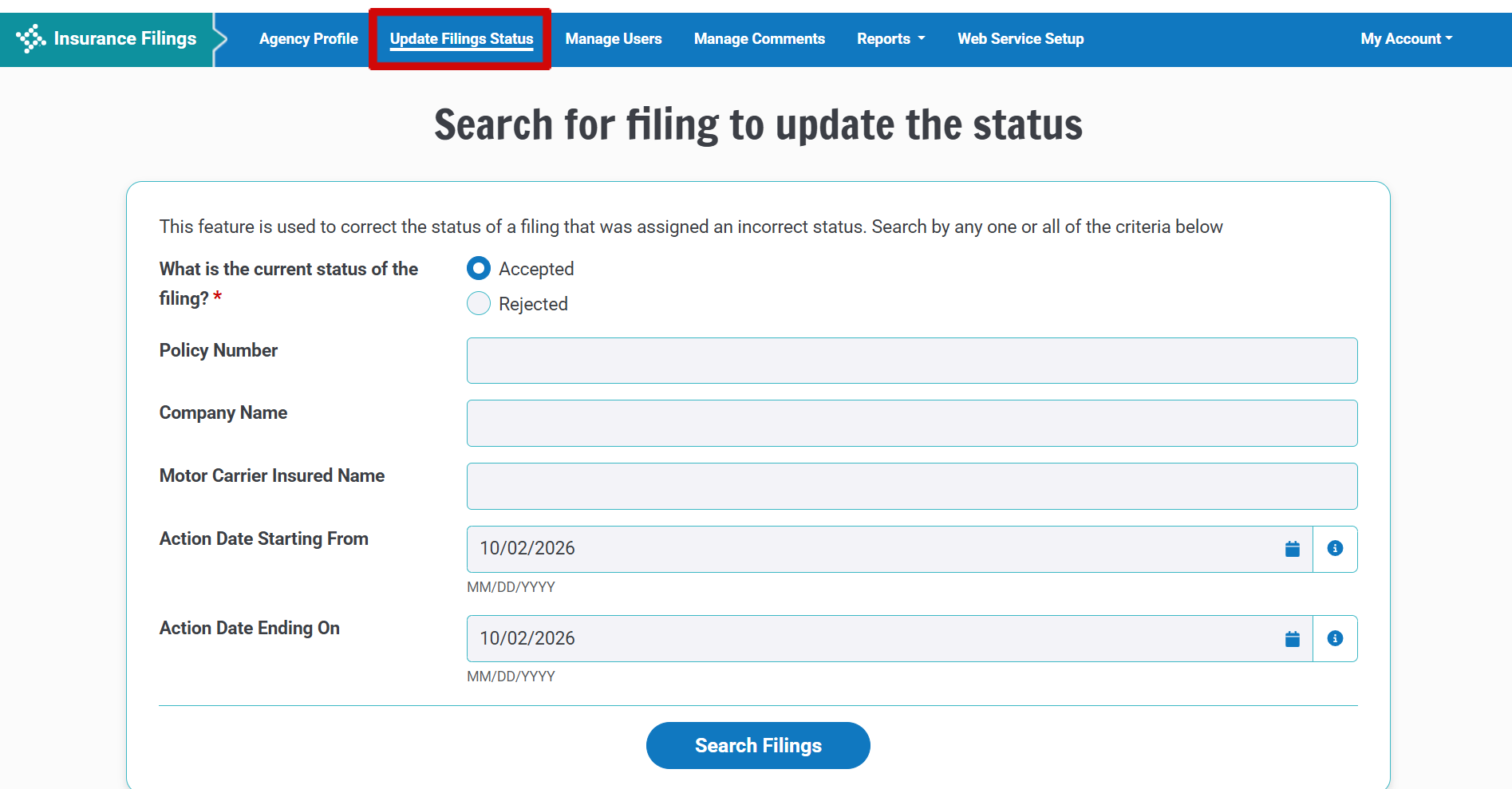 Update Filing Status link used to access interface to correct a filing status
