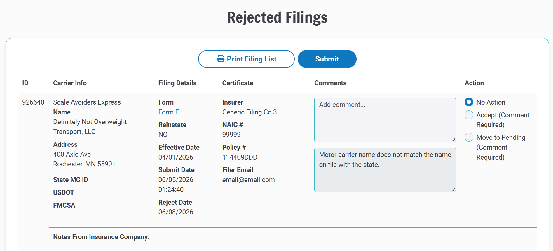 Available actions for updating the status of a rejected filing