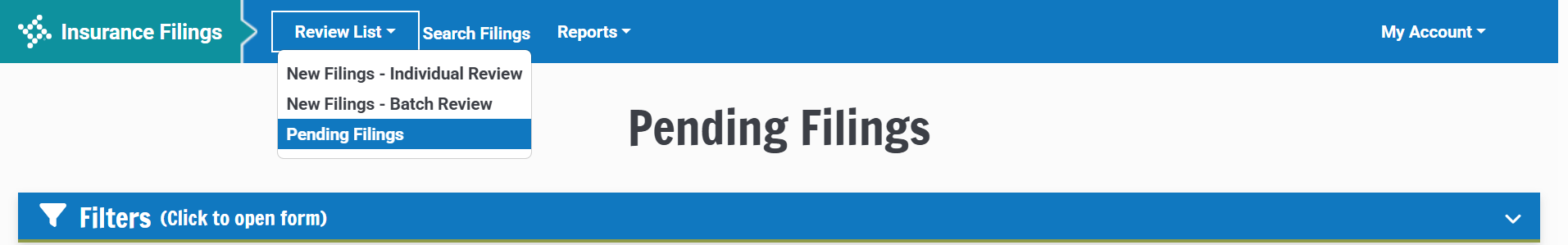 Pending filings view is available for state agency users to review and assign a final status when ready